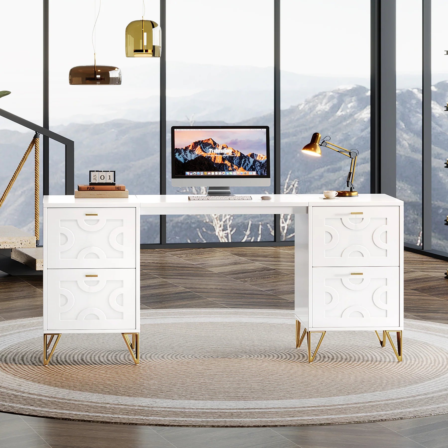 White Computer Desk with File Drawers, 59'' Modern Home Office Desk