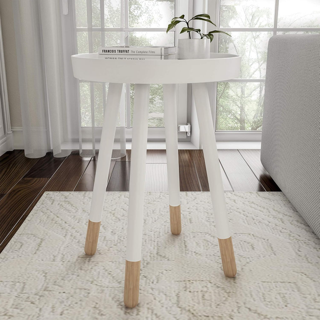 round End Table – 2-Tone Mid-Century Modern Home Accent Table with Tray Top for Living Room, Bedroom, or Office (White)