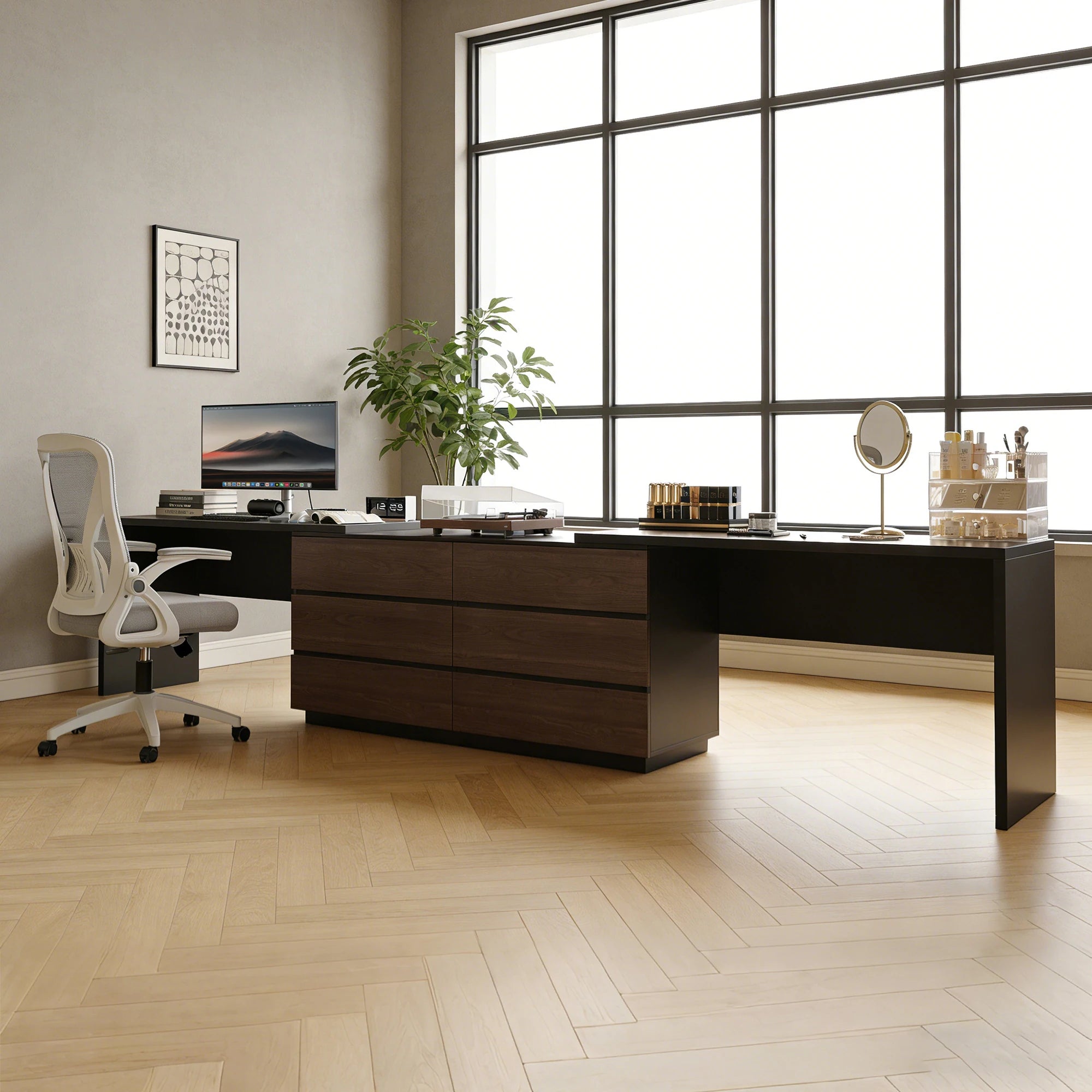 144 Inch Modern Home Office Expandable Dresser Desk with 6 Drawers for 2 Person