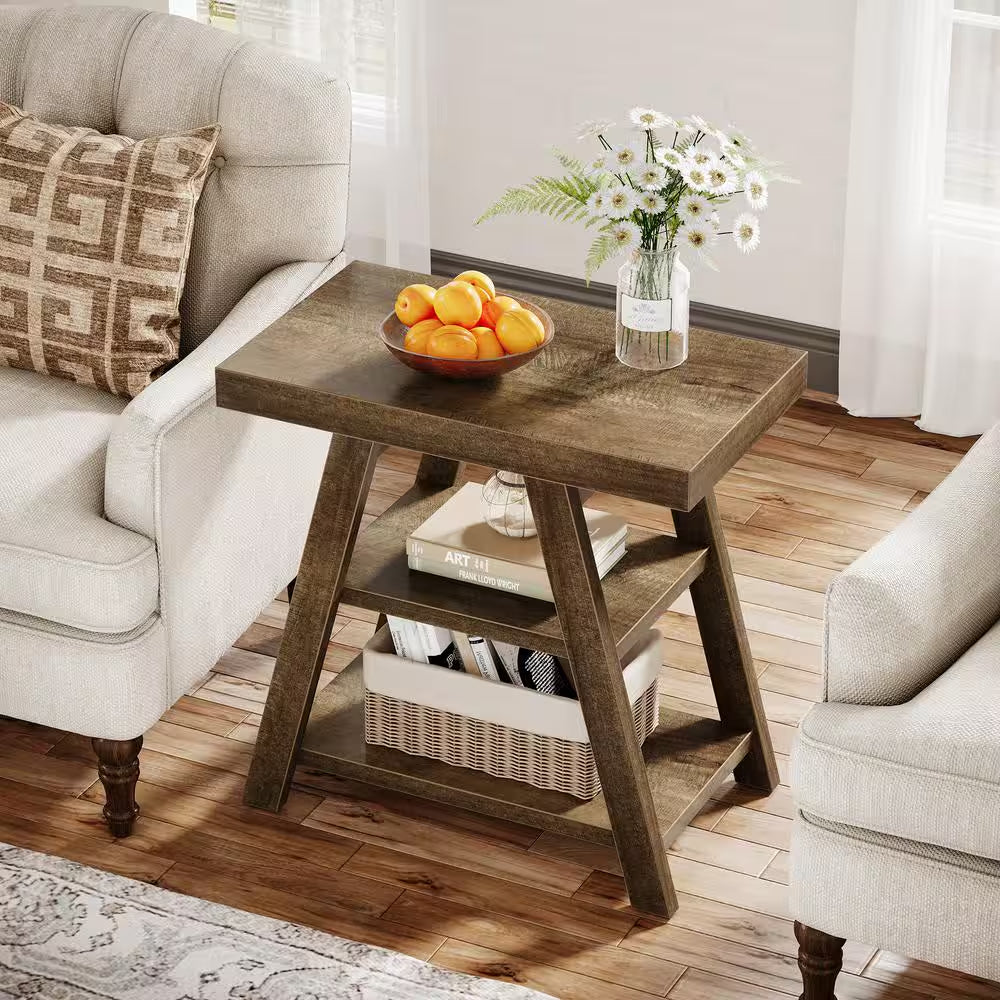 Kerlin 2PCS 23.62 In. Brown Rectangle Side Table Wood End Table with 3-Shelf Storage for Living Room, Bedroom
