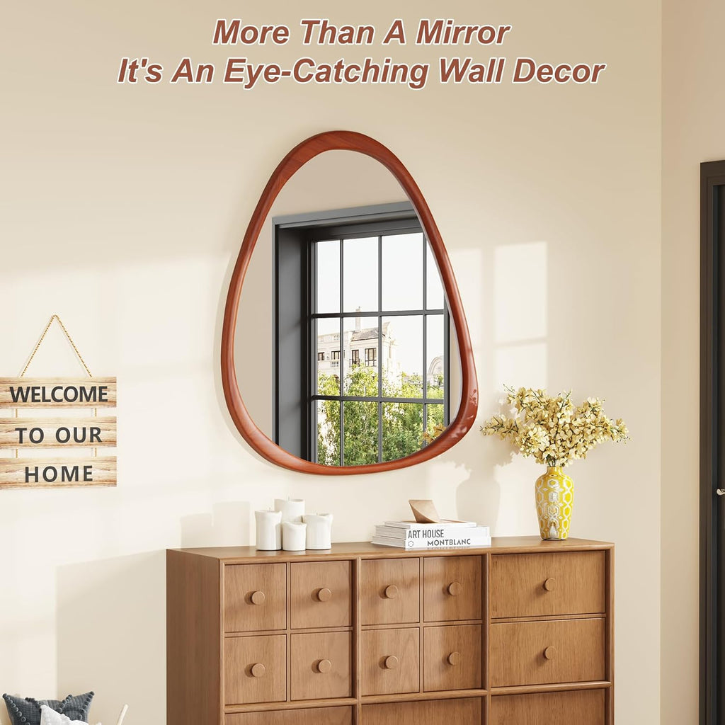 Triangular Wall Mirror, 28×34 Inches Hanging Wood Frame, Versatile for Bathroom Decor, Vanity Mirror,And Abstract Wall Art for Living Room, Walnut.