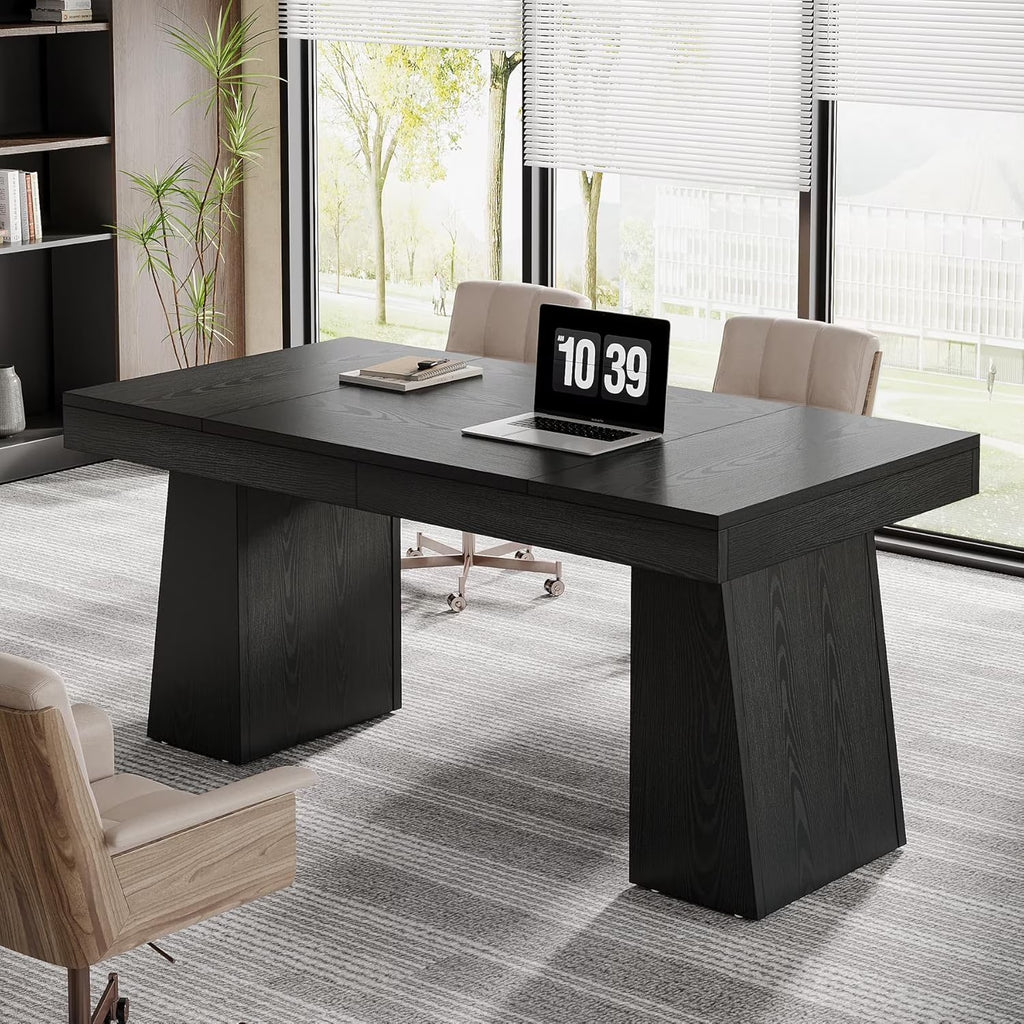 55 Inches Executive Desk, Mid-Century Modern Home Office Desk with Double Trapezoid Base