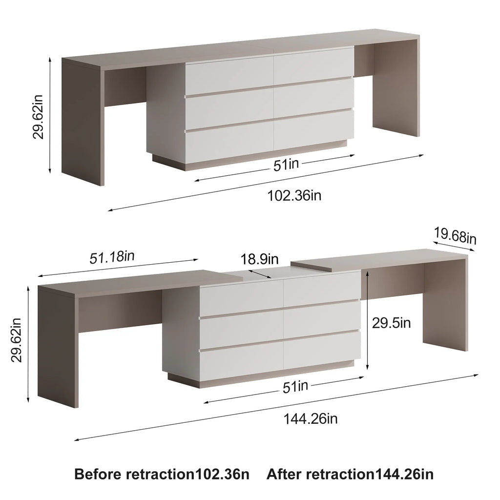 144 Inch Modern Home Office Expandable Dresser Desk with 6 Drawers for 2 Person
