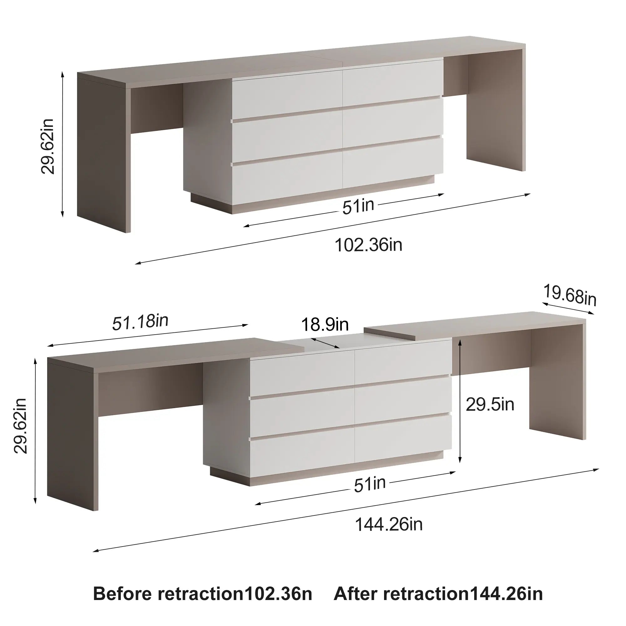 144 Inch Modern Home Office Expandable Dresser Desk with 6 Drawers for 2 Person