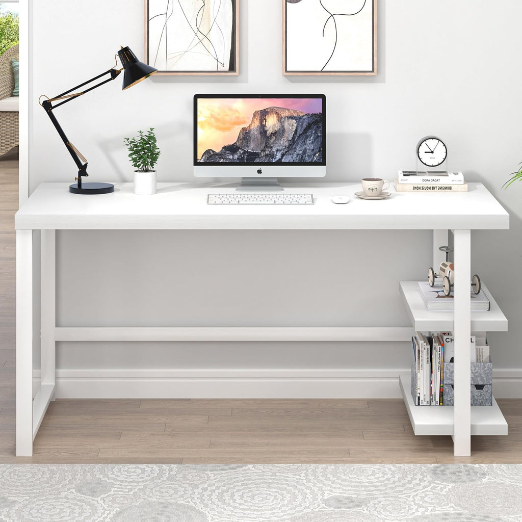 White Computer Desk, Modern Home Office Desk with Storage Shelf, Wood and Metal Writing Study Table for Living Room Bedroom, 53 Inch