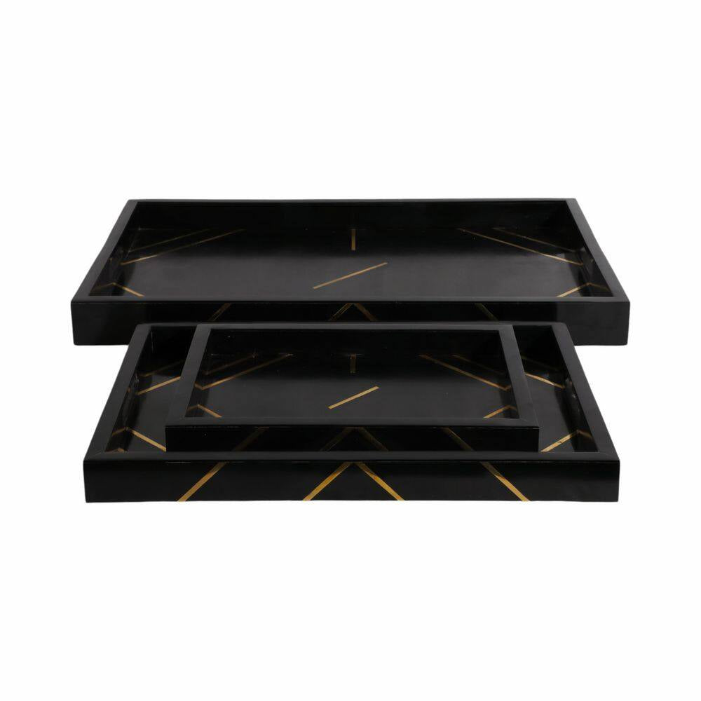 Black 13/18/24 In. Resin Wood Modern Brass Inlay Rectangle Trays