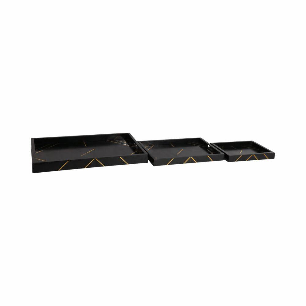 Black 13/18/24 In. Resin Wood Modern Brass Inlay Rectangle Trays