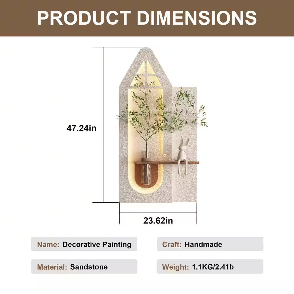 23.62 In. X 47.24 In. Adjustable Sandstone Wall Decor, Modern Decorative Painting with LED, Glass Vase, 3D Art Sculpture
