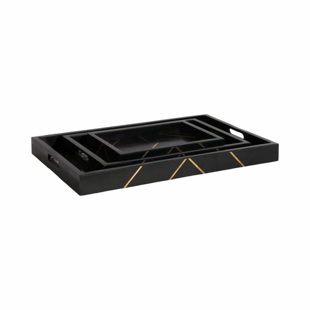 Black 13/18/24 In. Resin Wood Modern Brass Inlay Rectangle Trays