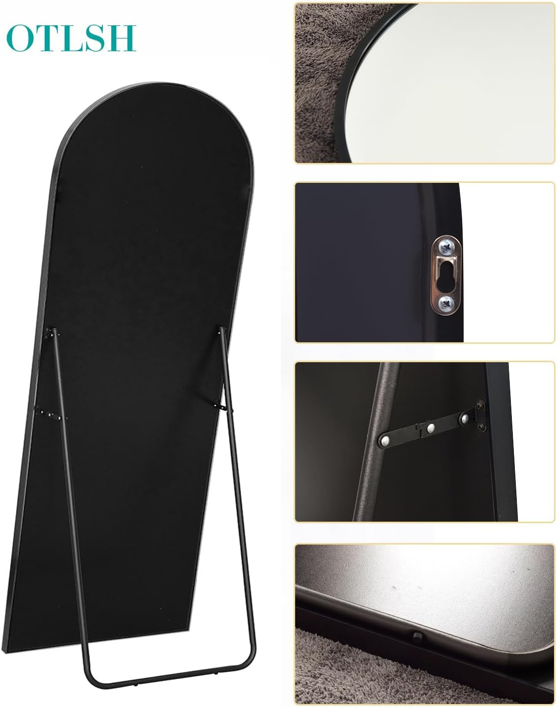 71"26" Arched Floor Mirror with Stand, Black Aluminum Frame, Freestanding or Wall Mounted, Modern Home Decor