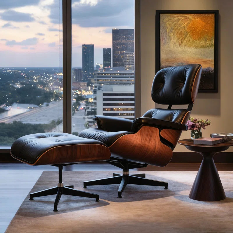 Classic Genuine Leather Swivel Lounge Chair with Ottoman for Modern Home, Solid Wood Accent Chair