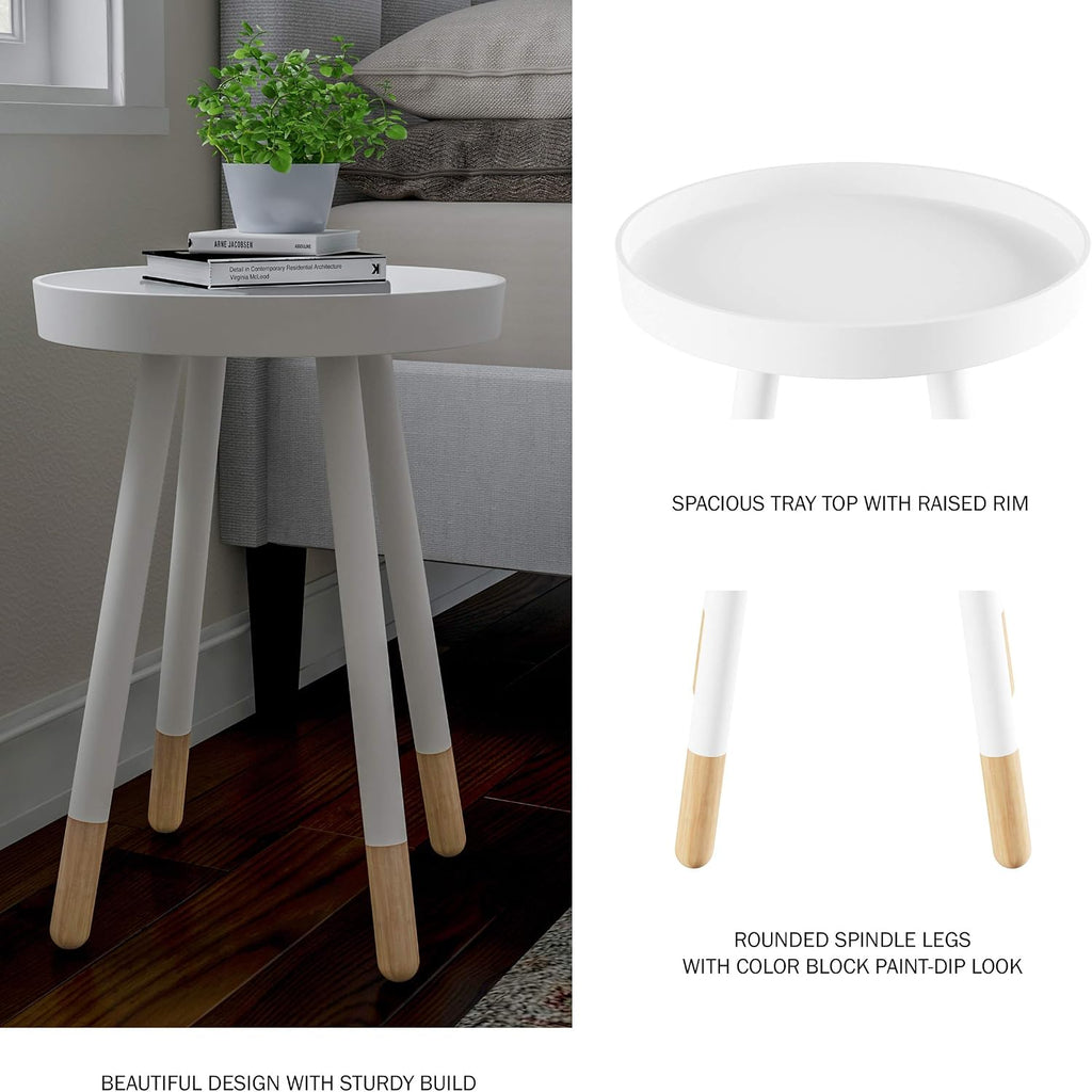 round End Table – 2-Tone Mid-Century Modern Home Accent Table with Tray Top for Living Room, Bedroom, or Office (White)