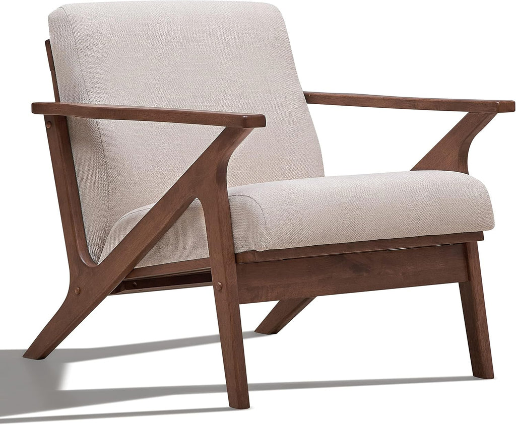 Zola Mid Century Modern Accent Chair Arm Chair: the Perfect Reading, Living Room, and Bedroom Chairs for Modern Home Furniture Use! Solid Wood Frame, Beige/Walnut