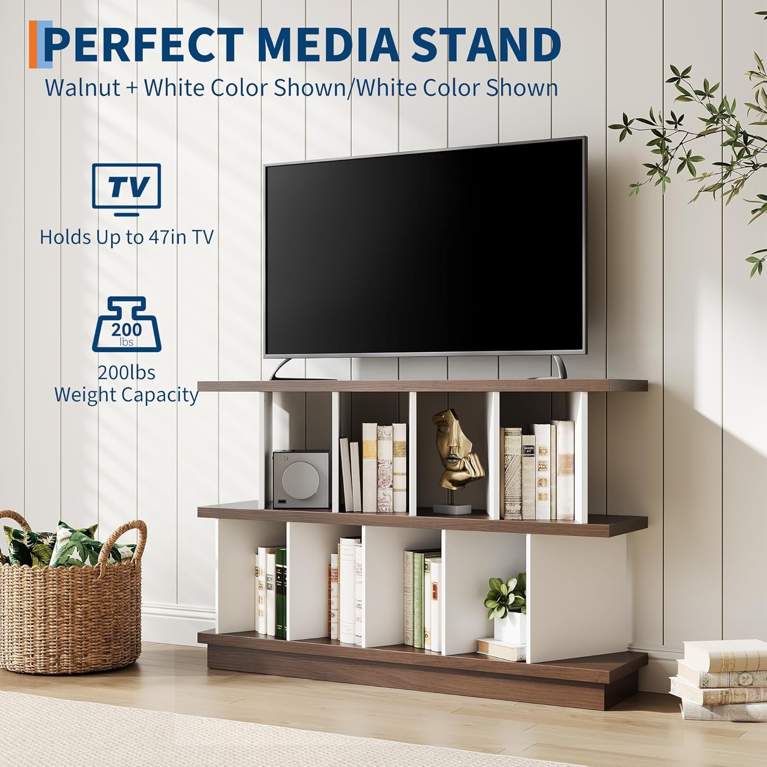 8 Cube Low Bookshelf Bookcase - Wooden TV Stand Cabinets with Removable Back Panels, Modern Home Display Storage Rack for Living Room, Bedroom, Entrance - Walnut