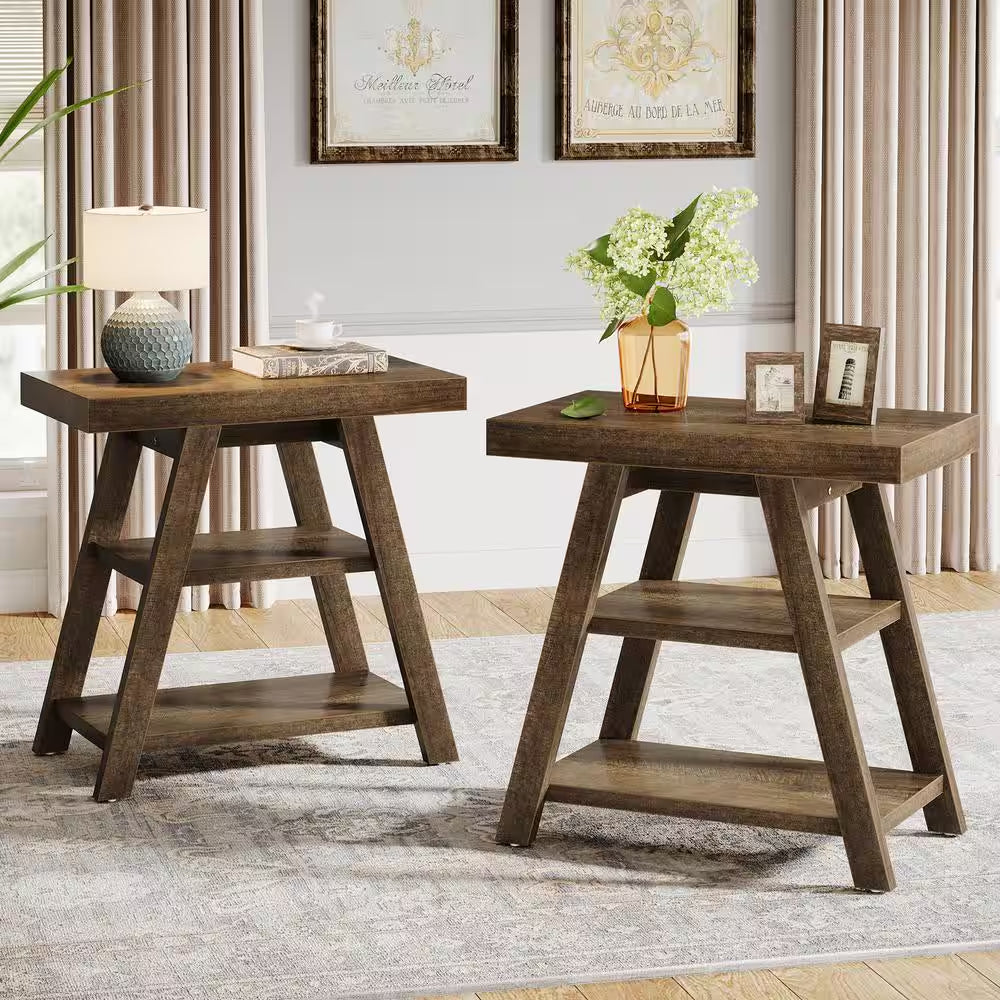 Kerlin 2PCS 23.62 In. Brown Rectangle Side Table Wood End Table with 3-Shelf Storage for Living Room, Bedroom