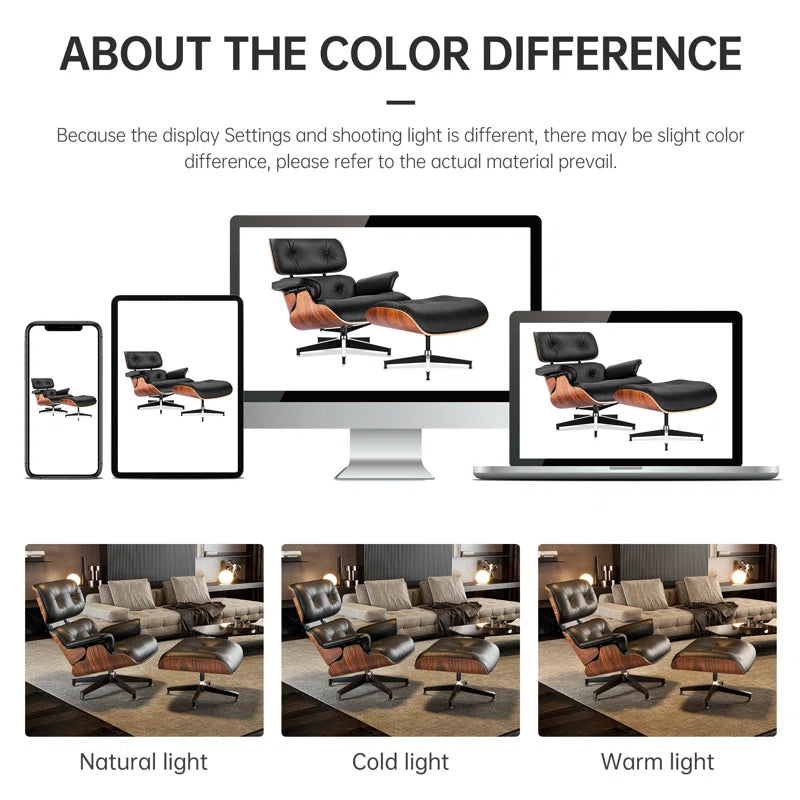 Classic Genuine Leather Swivel Lounge Chair with Ottoman for Modern Home, Solid Wood Accent Chair