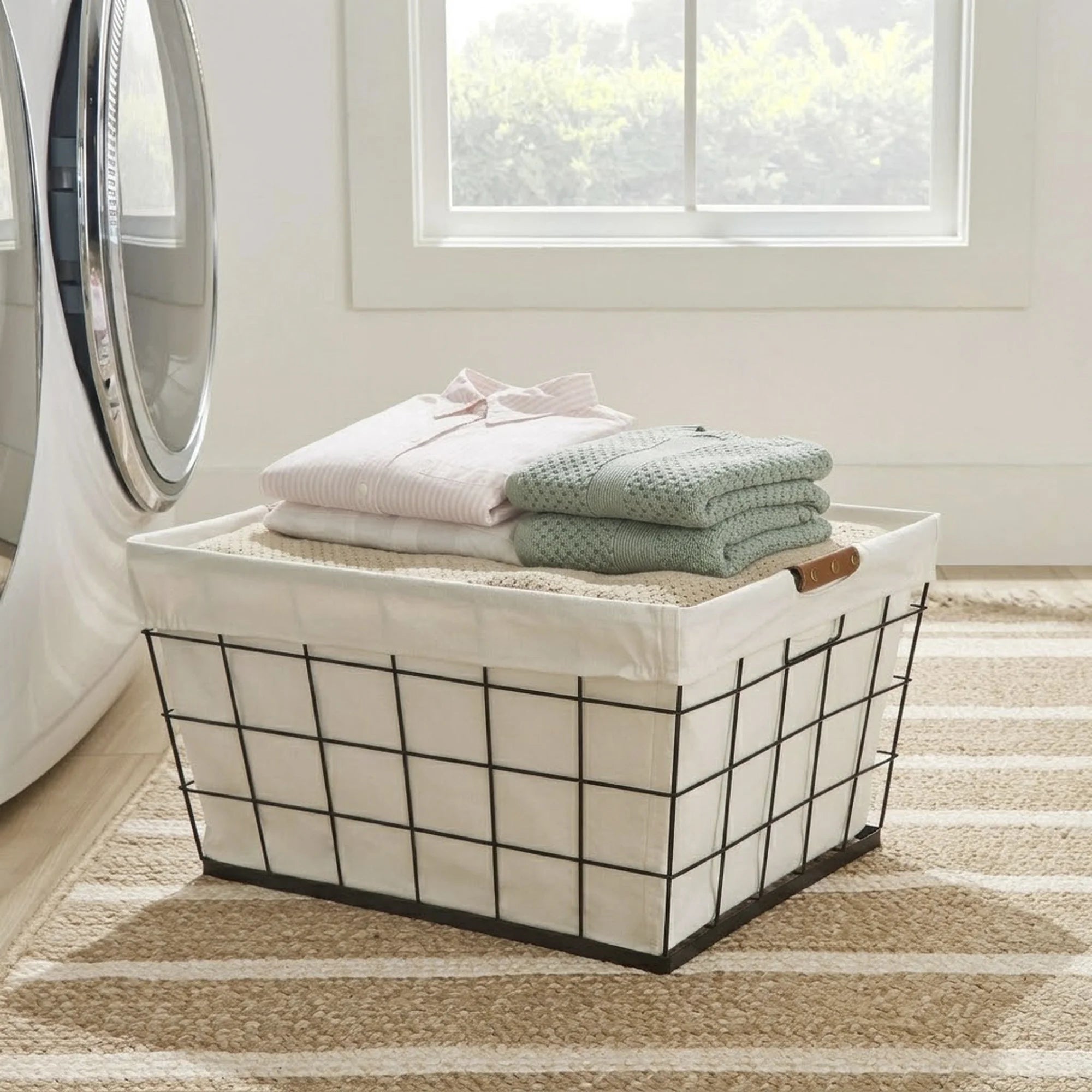 60L Rectangular Steel Laundry Basket, Black & Natural, Adult