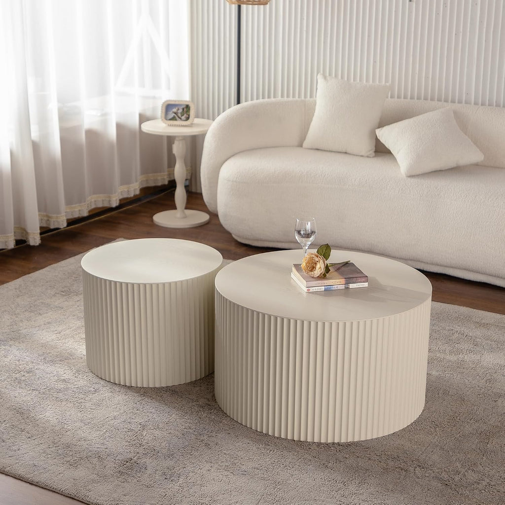 47.25" round Coffeetable Wooden Olive-Shaped,Set of 2,Handcrafted Relief Sturdy Pedestal for Small Space Living Room Bedroom