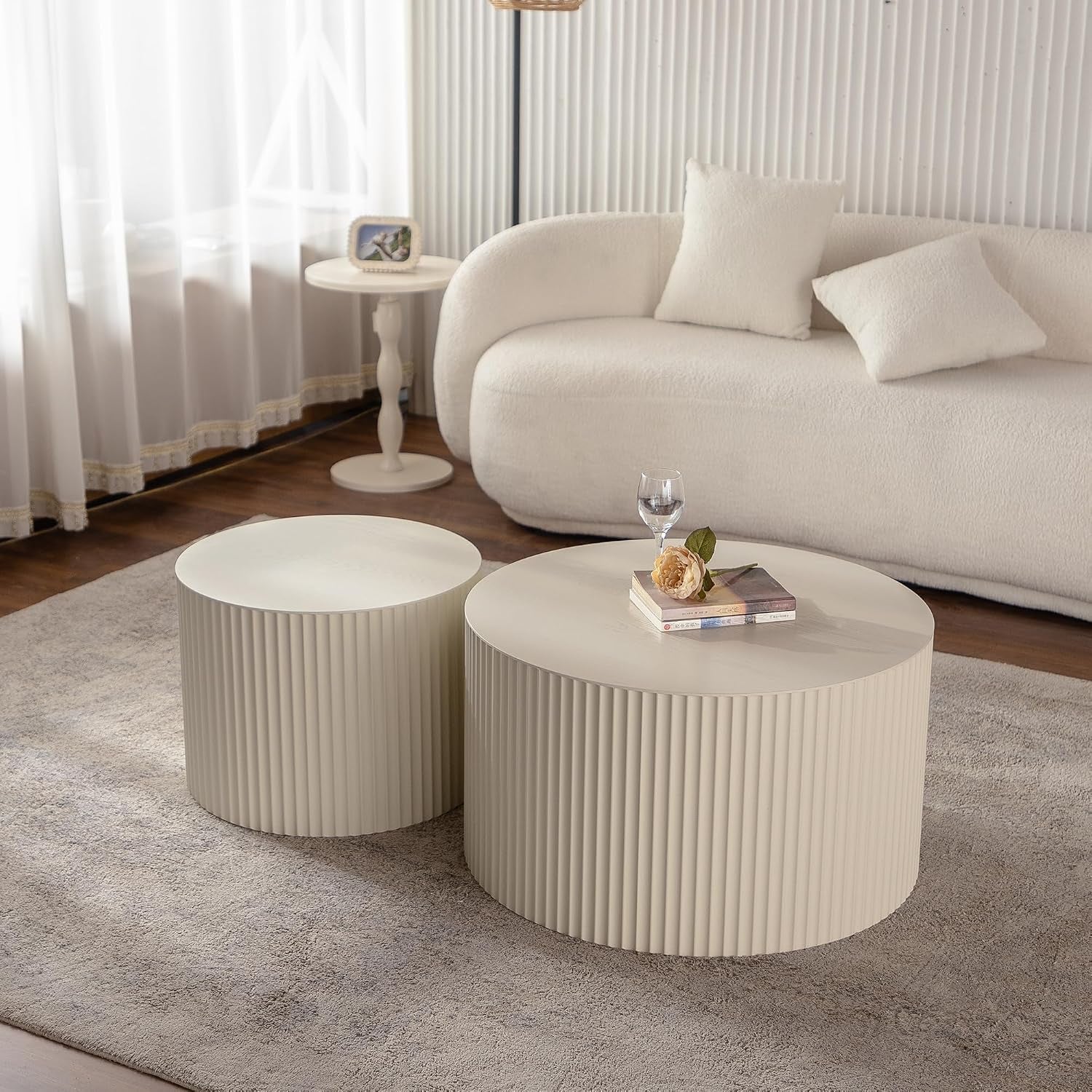 47.25" round Coffeetable Wooden Olive-Shaped,Set of 2,Handcrafted Relief Sturdy Pedestal for Small Space Living Room Bedroom