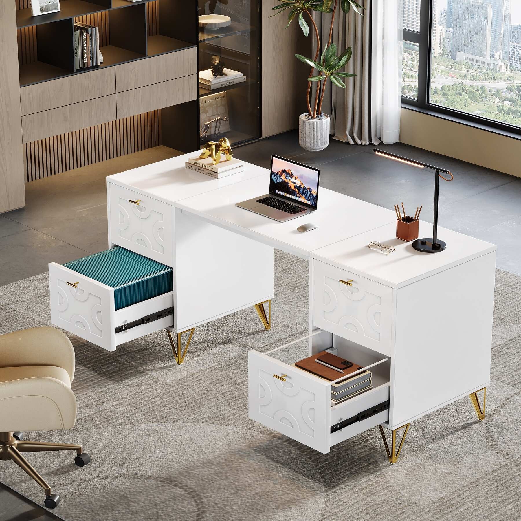 White Computer Desk with File Drawers, 59'' Modern Home Office Desk