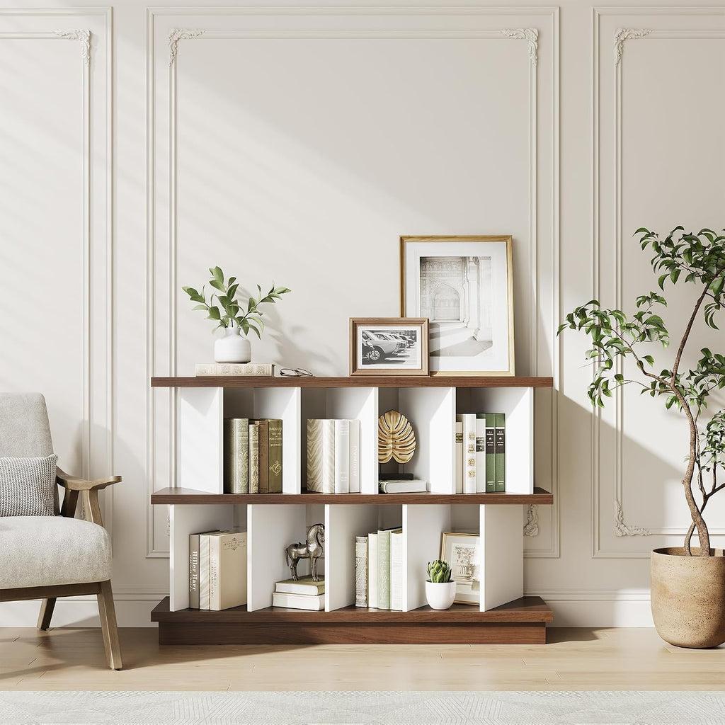 8 Cube Low Bookshelf Bookcase - Wooden TV Stand Cabinets with Removable Back Panels, Modern Home Display Storage Rack for Living Room, Bedroom, Entrance - Walnut