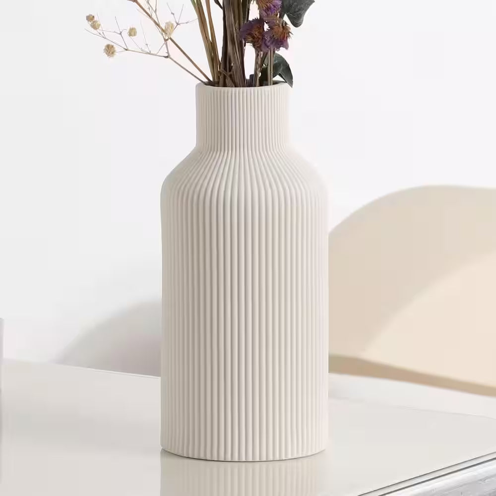 8 In. Ceramic Flower Vase, Minimalist Modern Home Decor for Table, Shelf Bookshelf, Mantel and Centerpieces, White