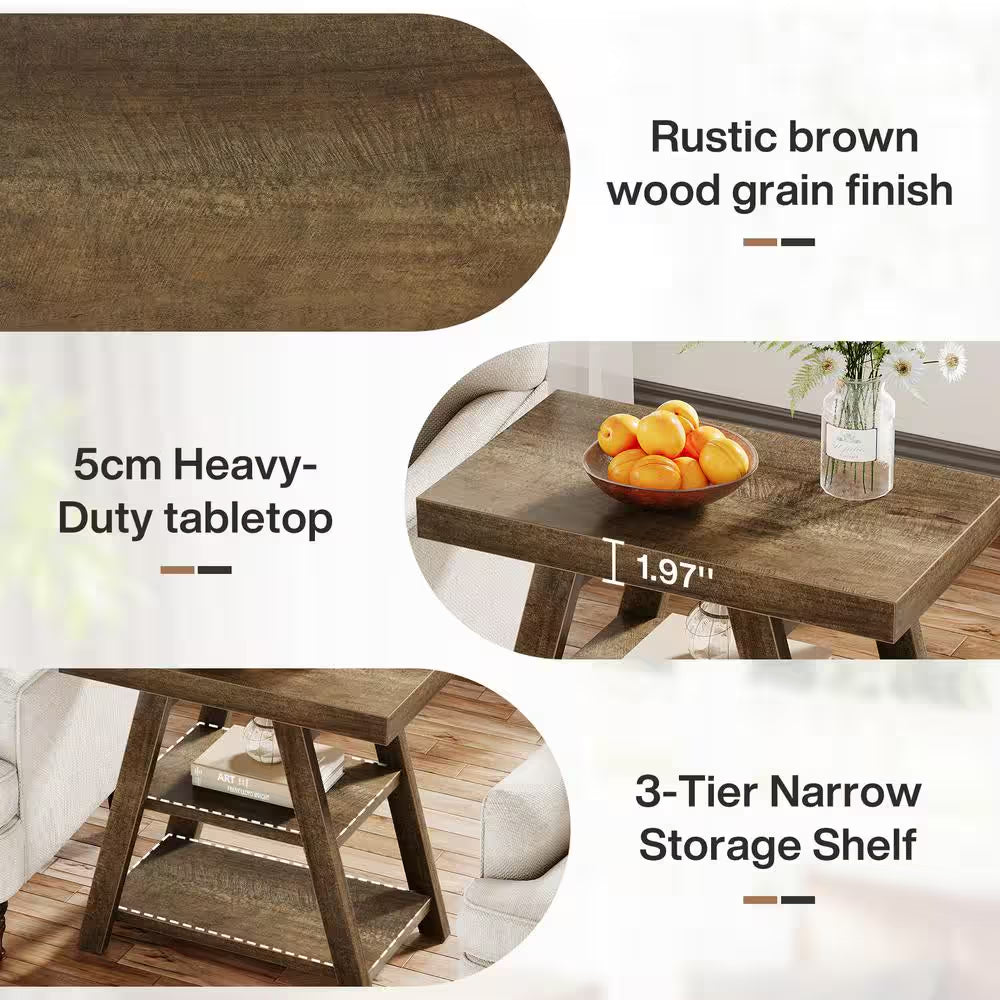 Kerlin 2PCS 23.62 In. Brown Rectangle Side Table Wood End Table with 3-Shelf Storage for Living Room, Bedroom