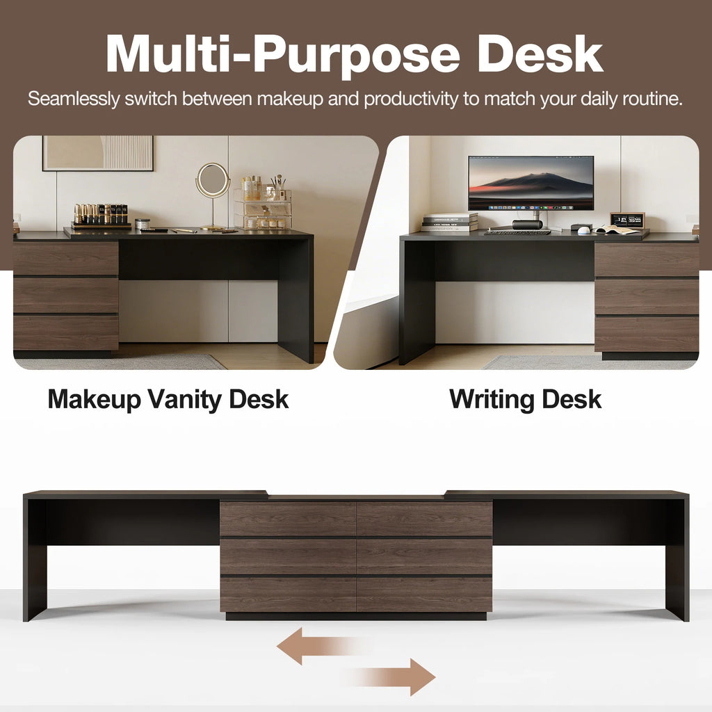 144 Inch Modern Home Office Expandable Dresser Desk with 6 Drawers for 2 Person