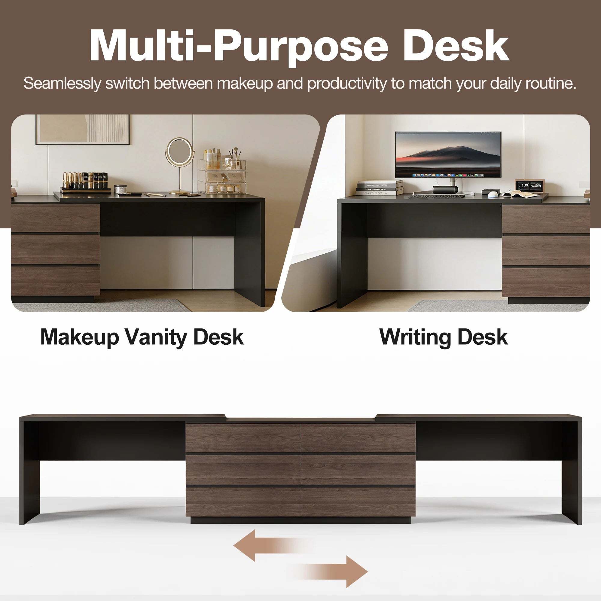 144 Inch Modern Home Office Expandable Dresser Desk with 6 Drawers for 2 Person