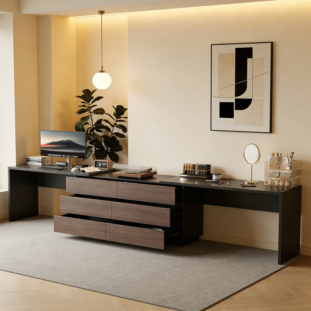 144 Inch Modern Home Office Expandable Dresser Desk with 6 Drawers for 2 Person