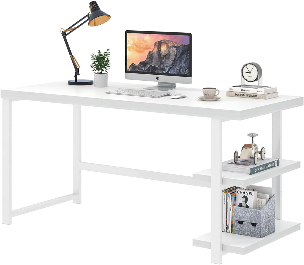 White Computer Desk, Modern Home Office Desk with Storage Shelf, Wood and Metal Writing Study Table for Living Room Bedroom, 53 Inch