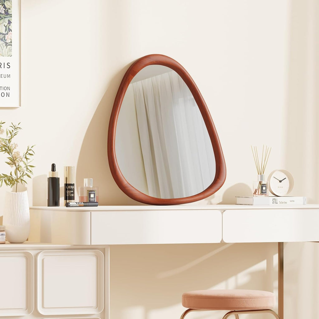 Triangular Wall Mirror, 28×34 Inches Hanging Wood Frame, Versatile for Bathroom Decor, Vanity Mirror,And Abstract Wall Art for Living Room, Walnut.