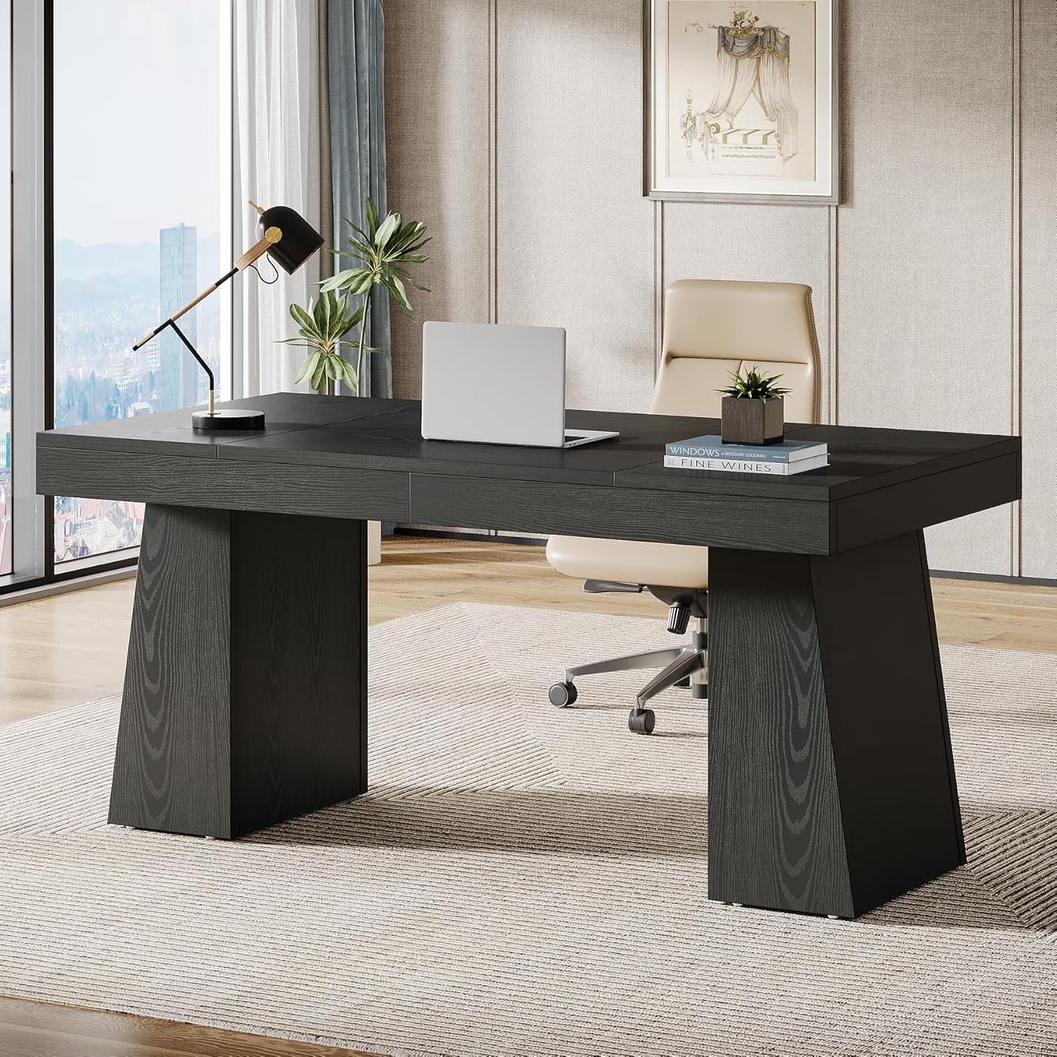 55 Inches Executive Desk, Mid-Century Modern Home Office Desk with Double Trapezoid Base