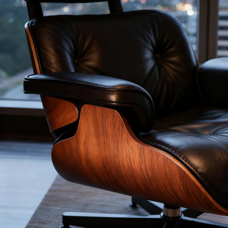 Classic Genuine Leather Swivel Lounge Chair with Ottoman for Modern Home, Solid Wood Accent Chair