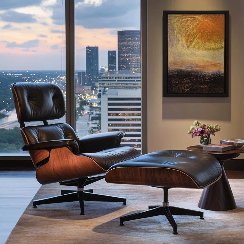 Classic Genuine Leather Swivel Lounge Chair with Ottoman for Modern Home, Solid Wood Accent Chair