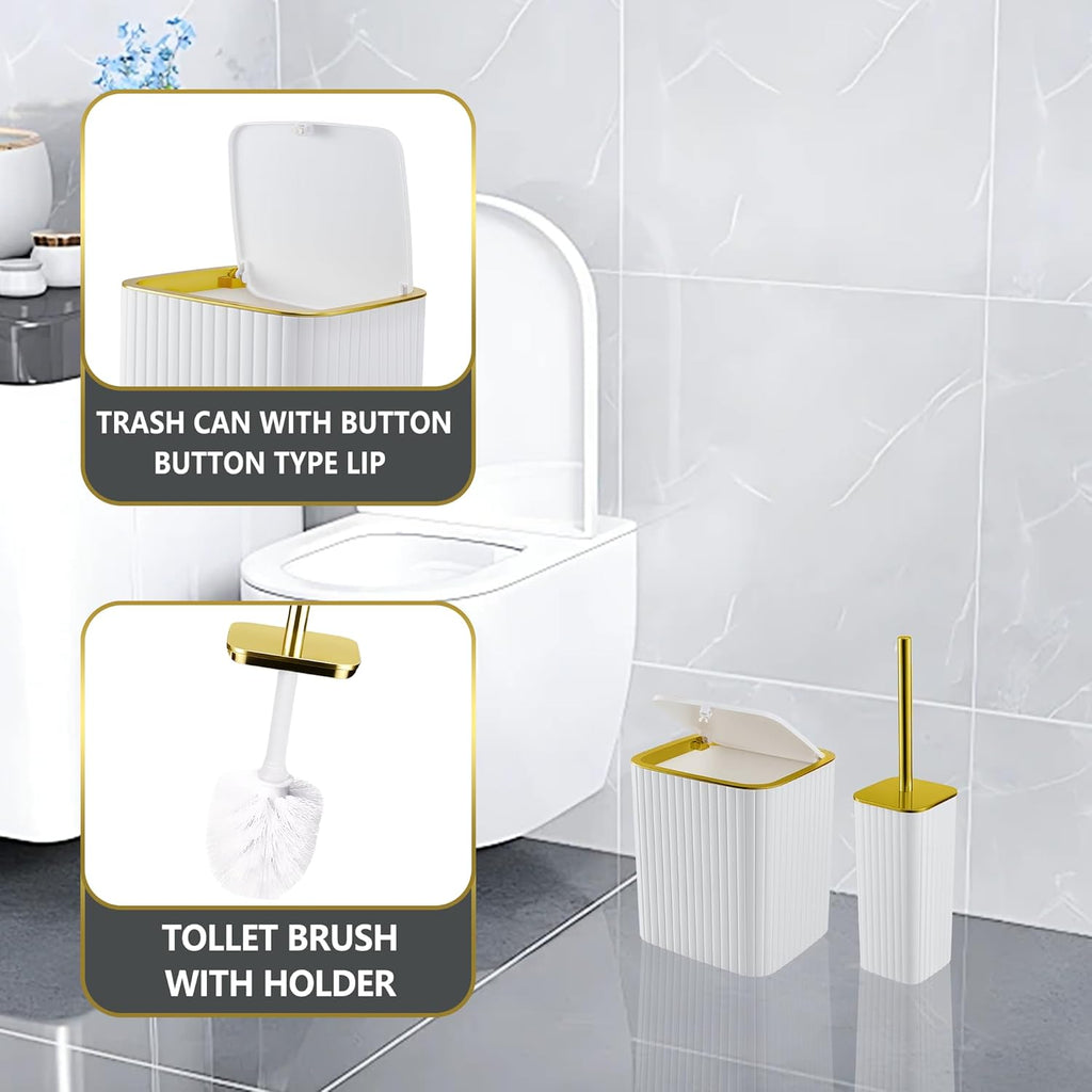 Bathroom Accessory Set White-9Pc Set with Toilet Brush, Trash Can, Soap Dispenser, Q-Tip Holder | Modern Home Bath Essentials (White, Bath Set)