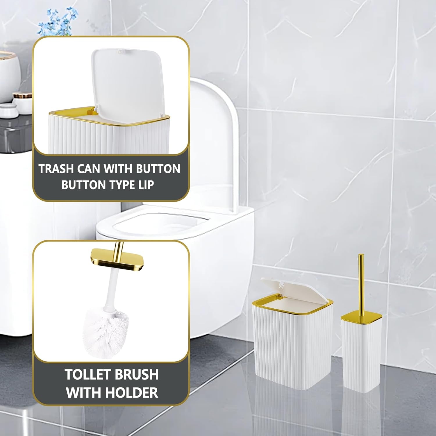 Bathroom Accessory Set White-9Pc Set with Toilet Brush, Trash Can, Soap Dispenser, Q-Tip Holder | Modern Home Bath Essentials (White, Bath Set)