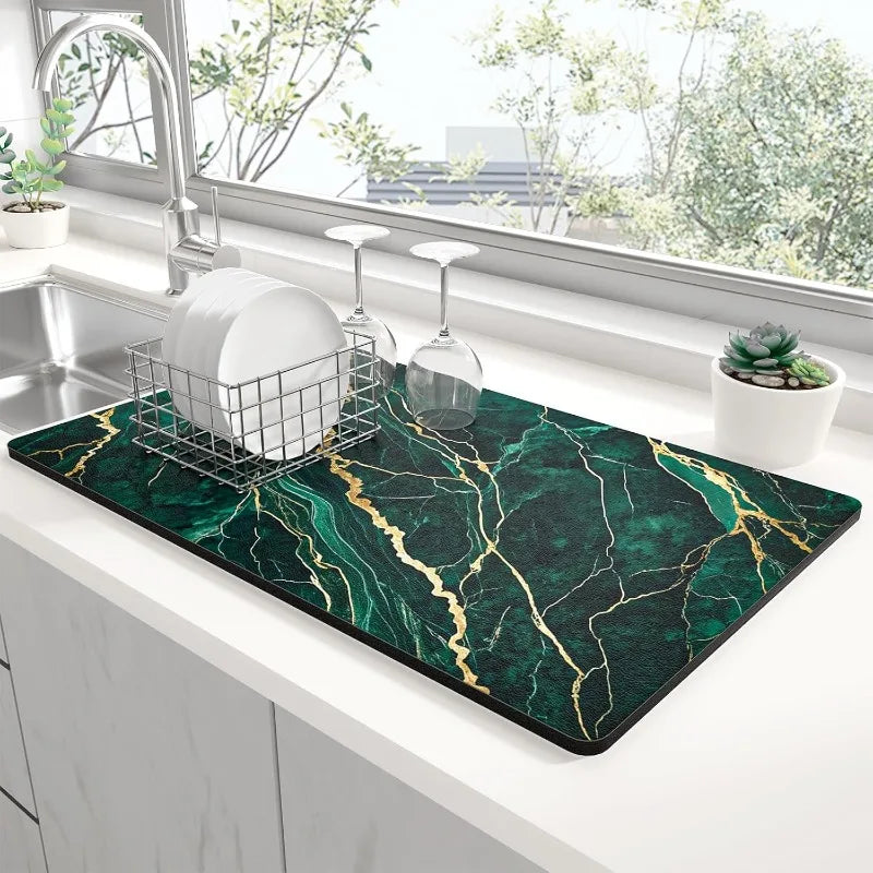 Marble Texture Kitchen Drying Mat Non-Slip Heat Resistant Countertop Pad Modern Home Decor Sink Mat for Dishes Glasses Cutlery