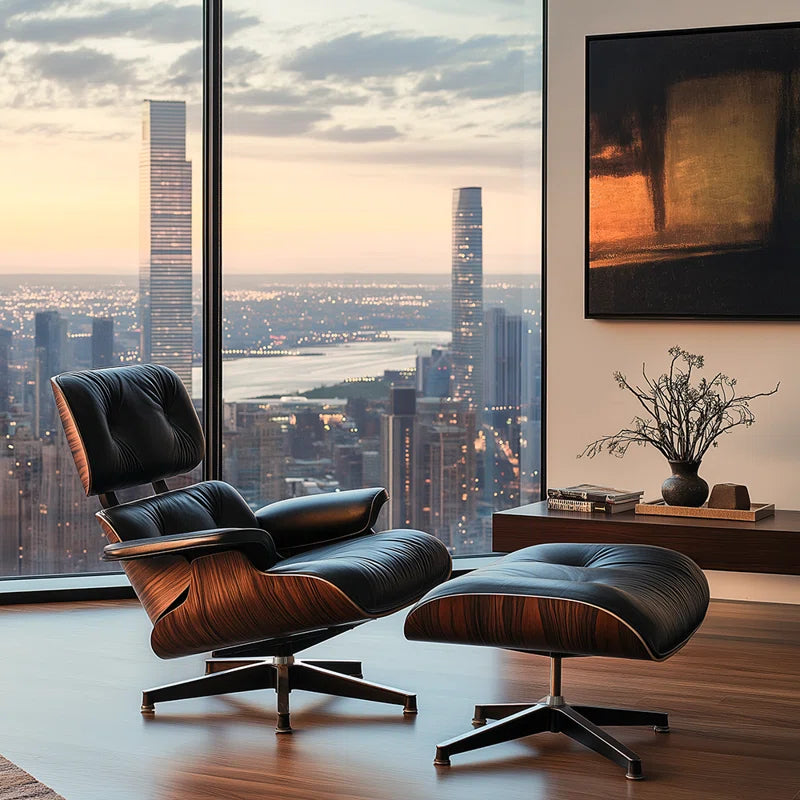 Classic Genuine Leather Swivel Lounge Chair with Ottoman for Modern Home, Solid Wood Accent Chair