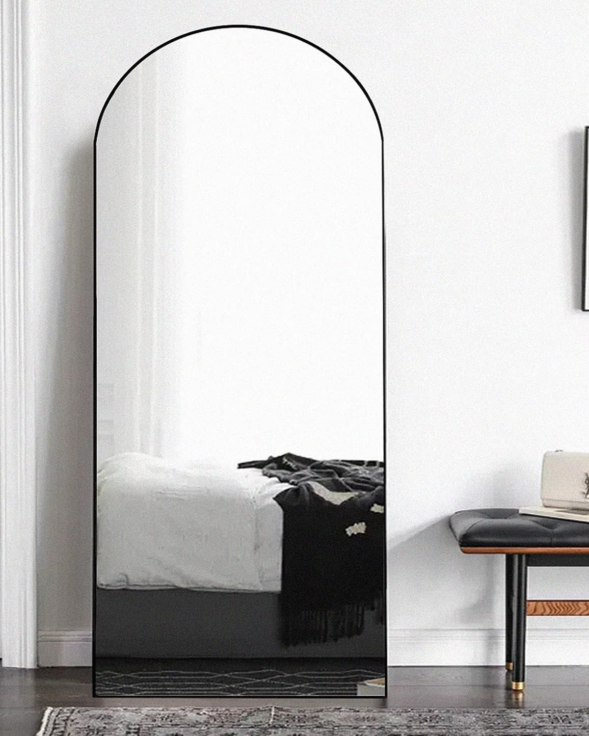 71"26" Arched Floor Mirror with Stand, Black Aluminum Frame, Freestanding or Wall Mounted, Modern Home Decor