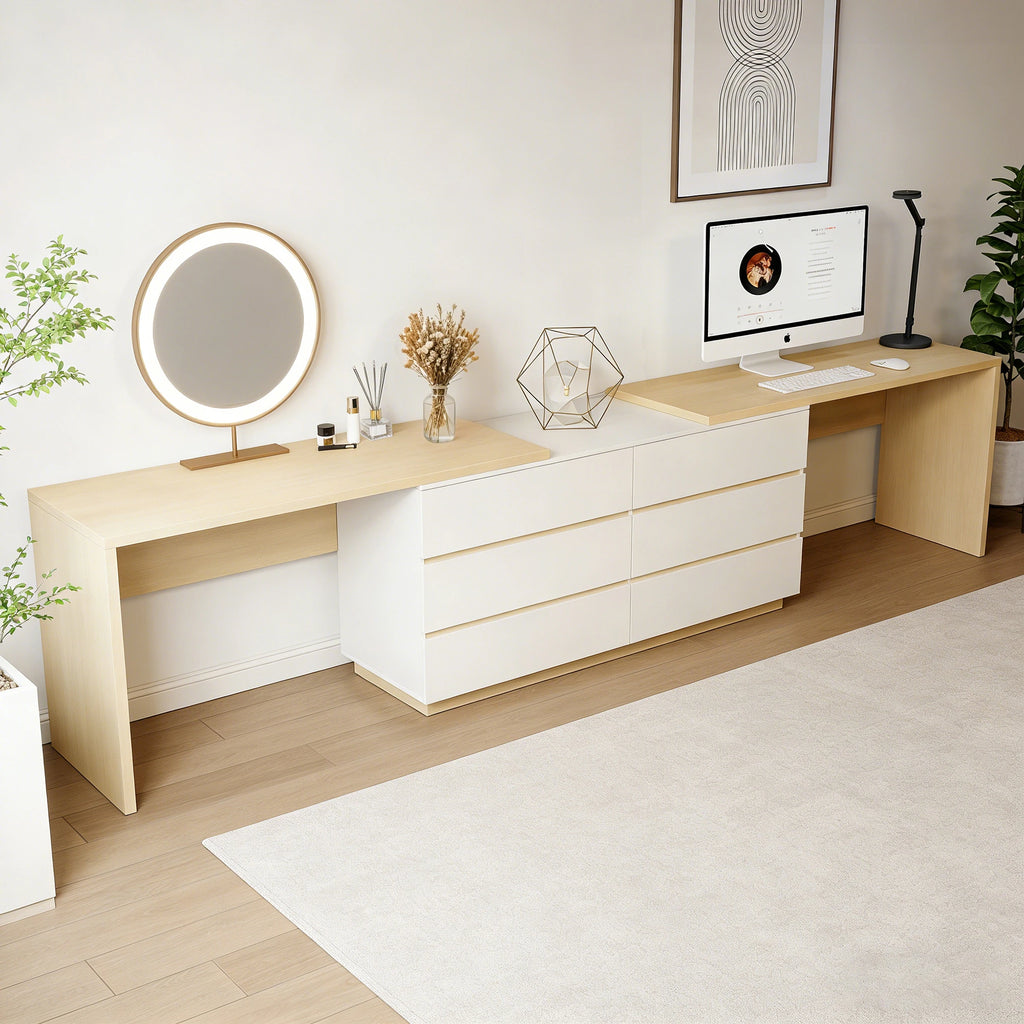 144 Inch Modern Home Office Expandable Dresser Desk with 6 Drawers for 2 Person