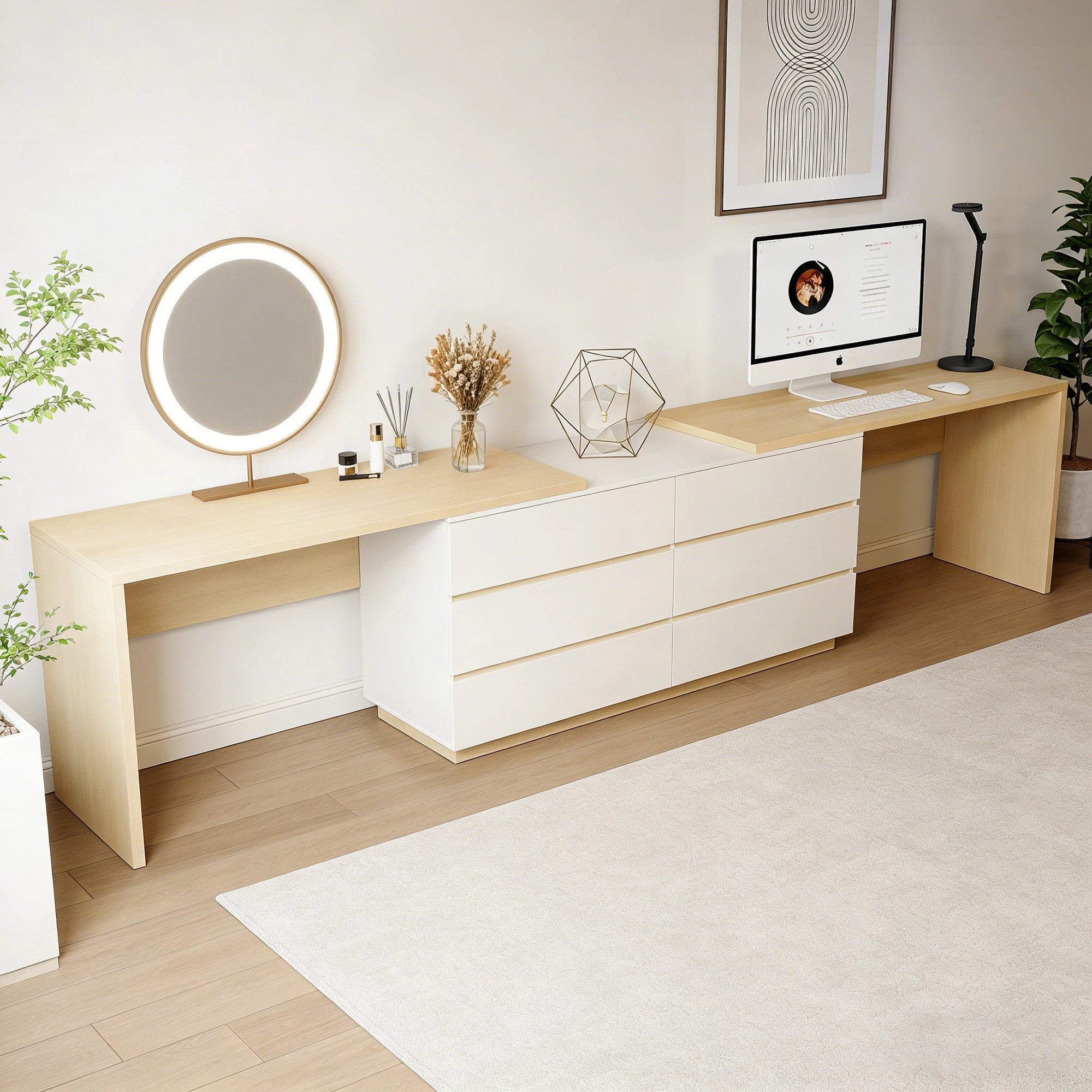 144 Inch Modern Home Office Expandable Dresser Desk with 6 Drawers for 2 Person