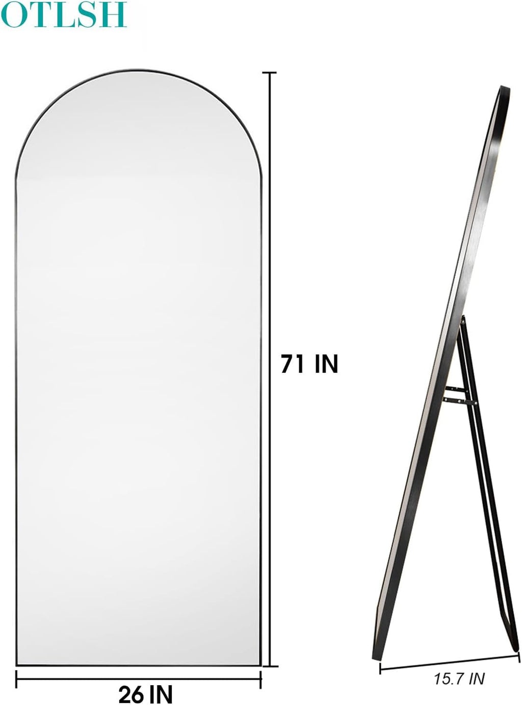 71"26" Arched Floor Mirror with Stand, Black Aluminum Frame, Freestanding or Wall Mounted, Modern Home Decor