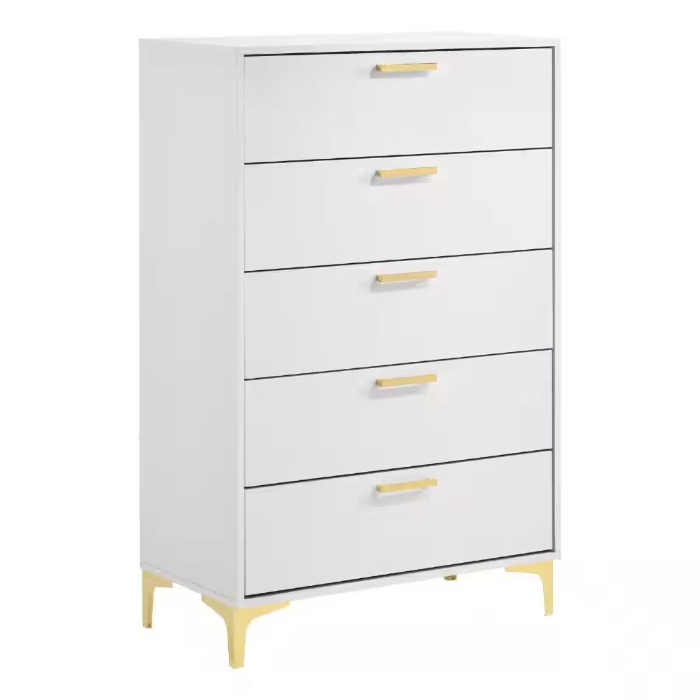 15.75 In. White and Gold 5-Drawer Wooden Tall Dresser Chest of Drawers