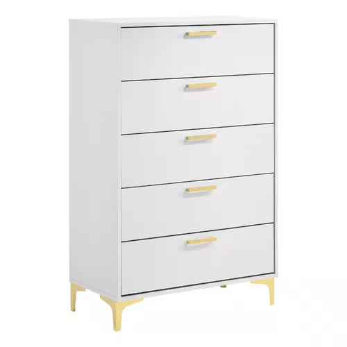 15.75 In. White and Gold 5-Drawer Wooden Tall Dresser Chest of Drawers