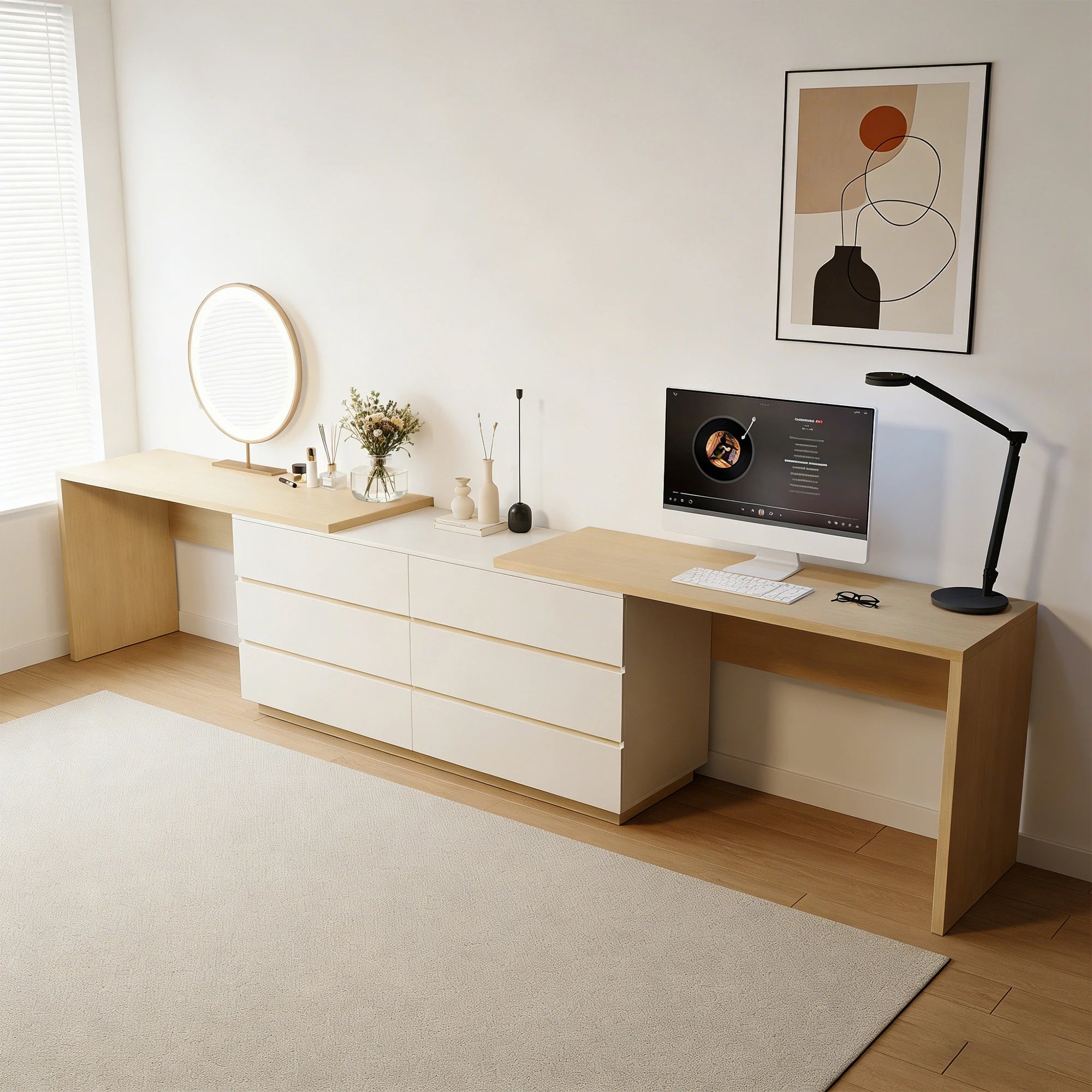 144 Inch Modern Home Office Expandable Dresser Desk with 6 Drawers for 2 Person