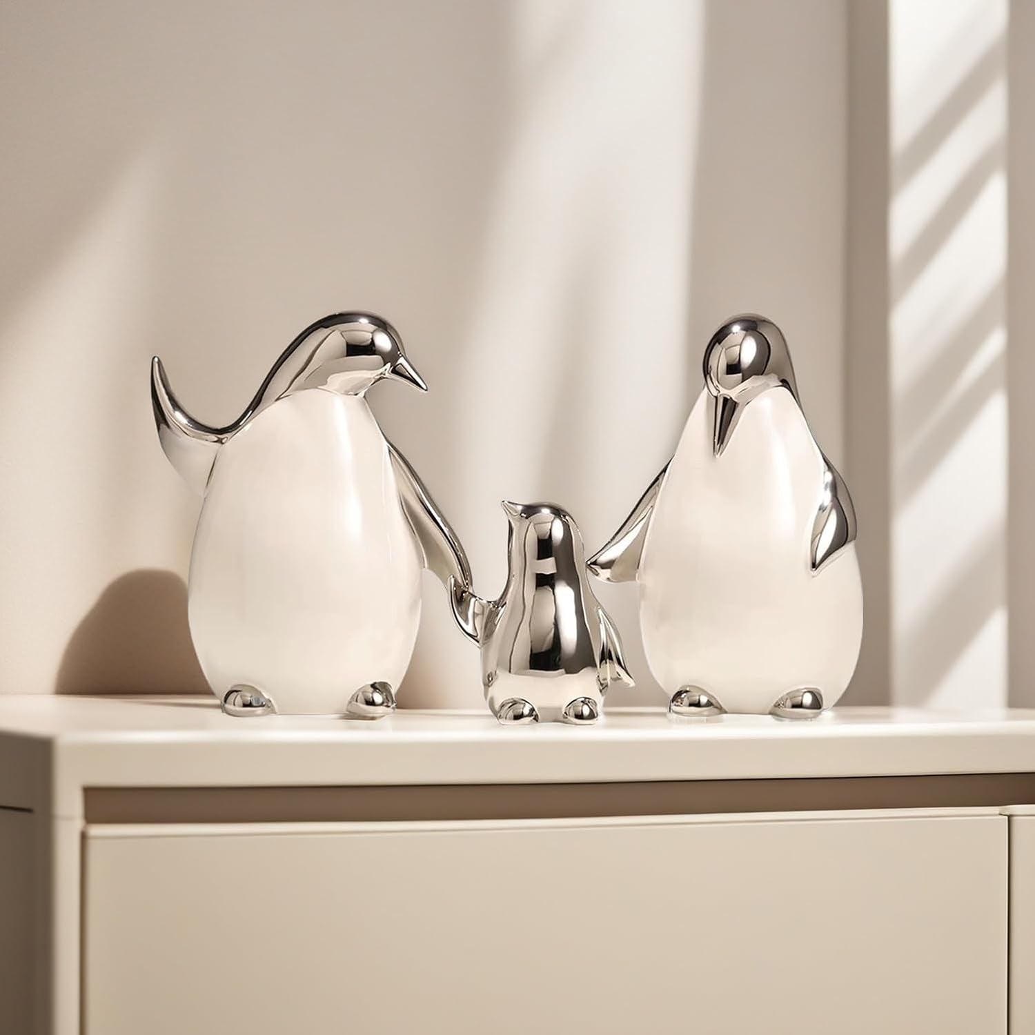 Set of 3 Ceramic Statues Aesthetic Abstract Penguins Sculpture Cute Modern Home Decor Decorative Statue for Living Room, Bedroom, Office, Table Centerpiece (White Silver)