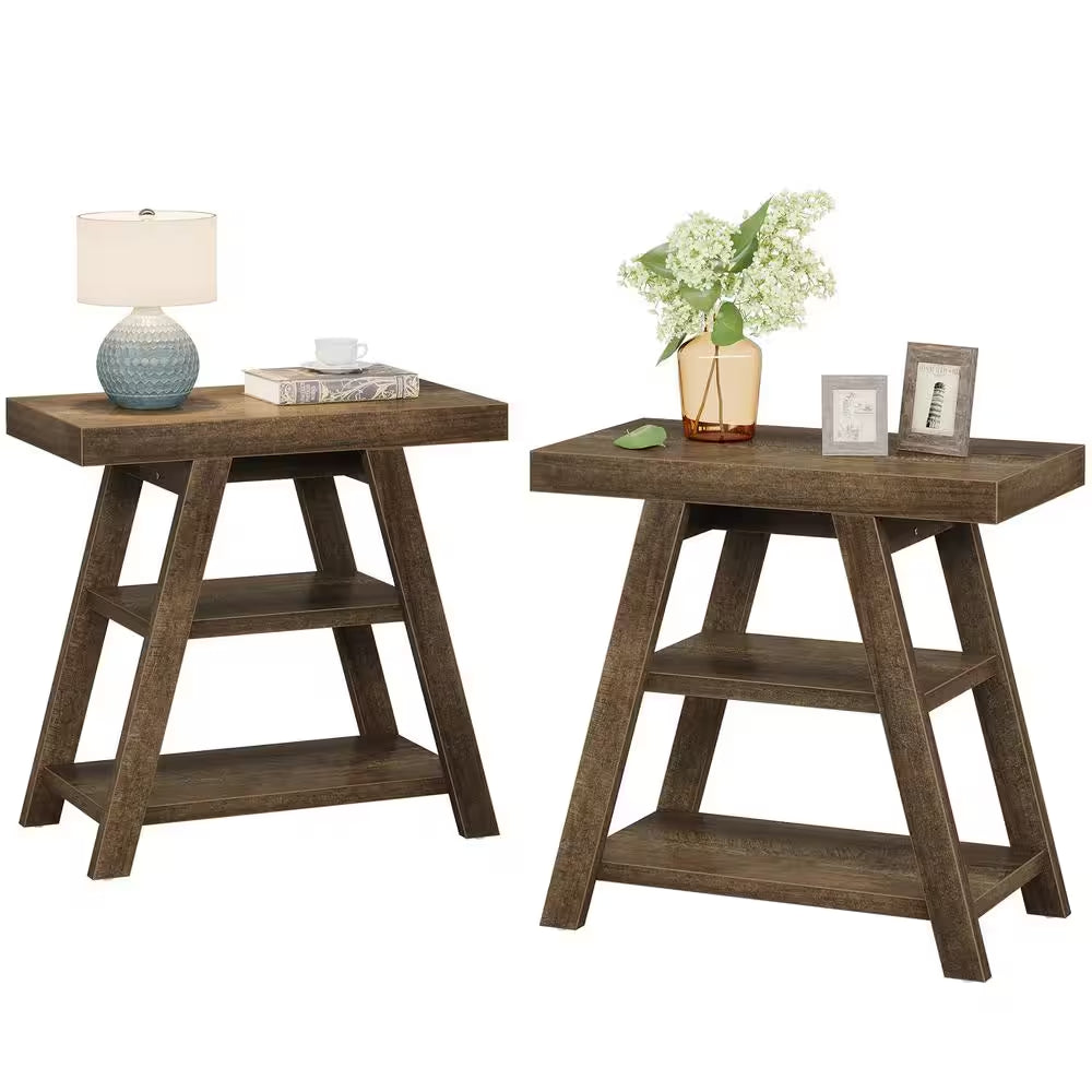 Kerlin 2PCS 23.62 In. Brown Rectangle Side Table Wood End Table with 3-Shelf Storage for Living Room, Bedroom