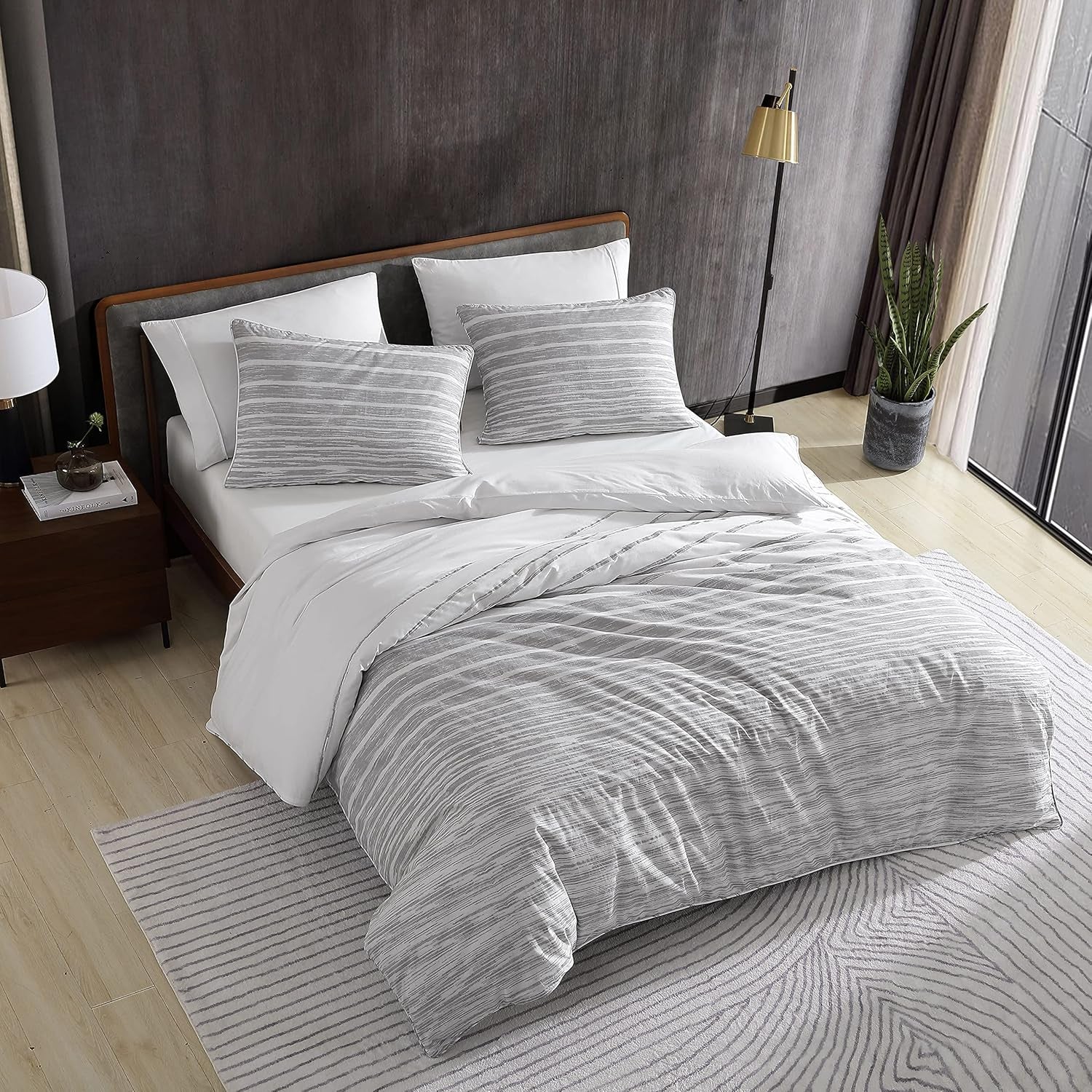 Kenneth Cole New York - King Duvet Cover Set, Reversible Cotton Bedding with Matching Shams, Modern Home Decor (Abstract Stripe Grey, King)