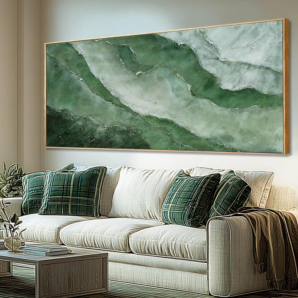 Large Canvas Wall Art 32X70 Inch, Green Landscape Style Framed Canvas Wall Art, Modern Horizontal Printed Wall Art with Wooden Frame for Living Room Decor
